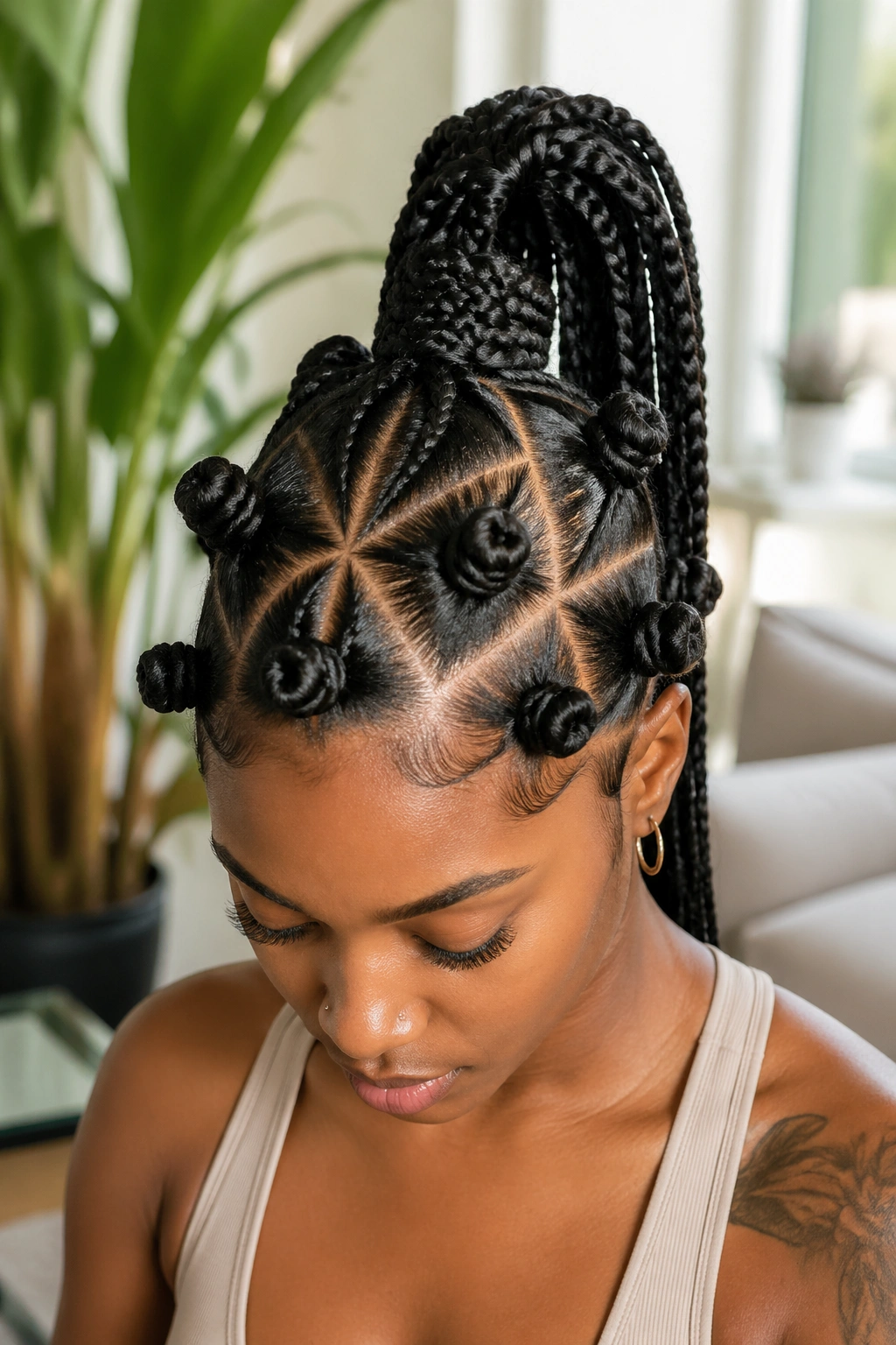 Medium close-up of a real person with a braided ponytail and triangle-part Bantu knots
