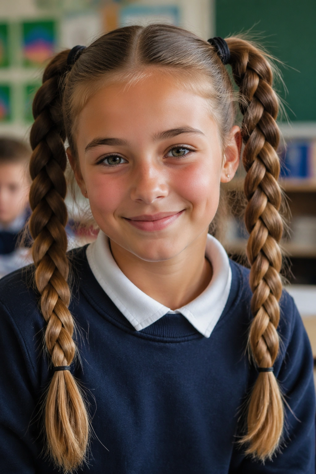 Real girl with braided double ponytails showing braided texture in a classroom backdrop