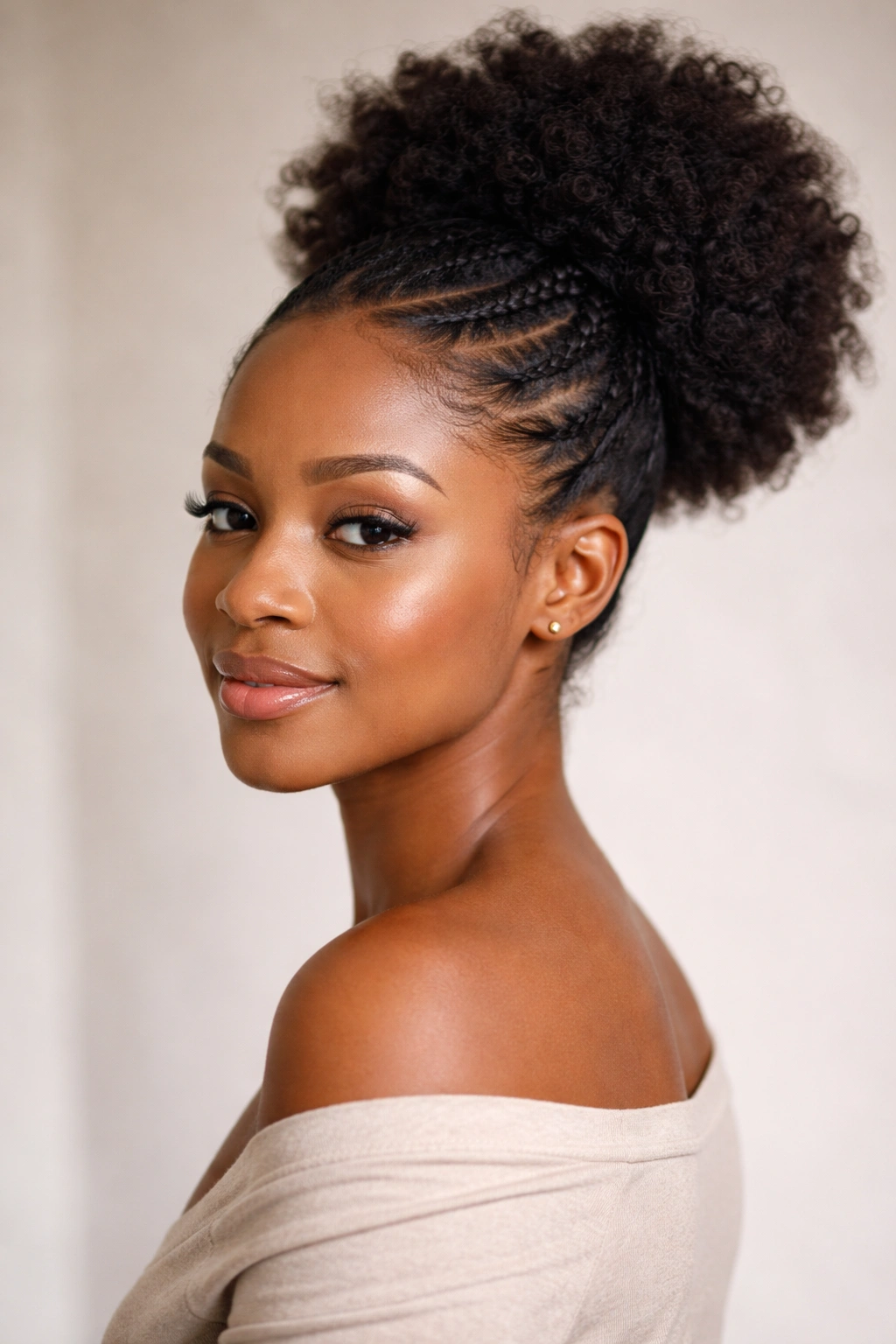Close-up of braided-base puff on pear-shaped face with temple braid feeding into a rounded puff, studio portrait.