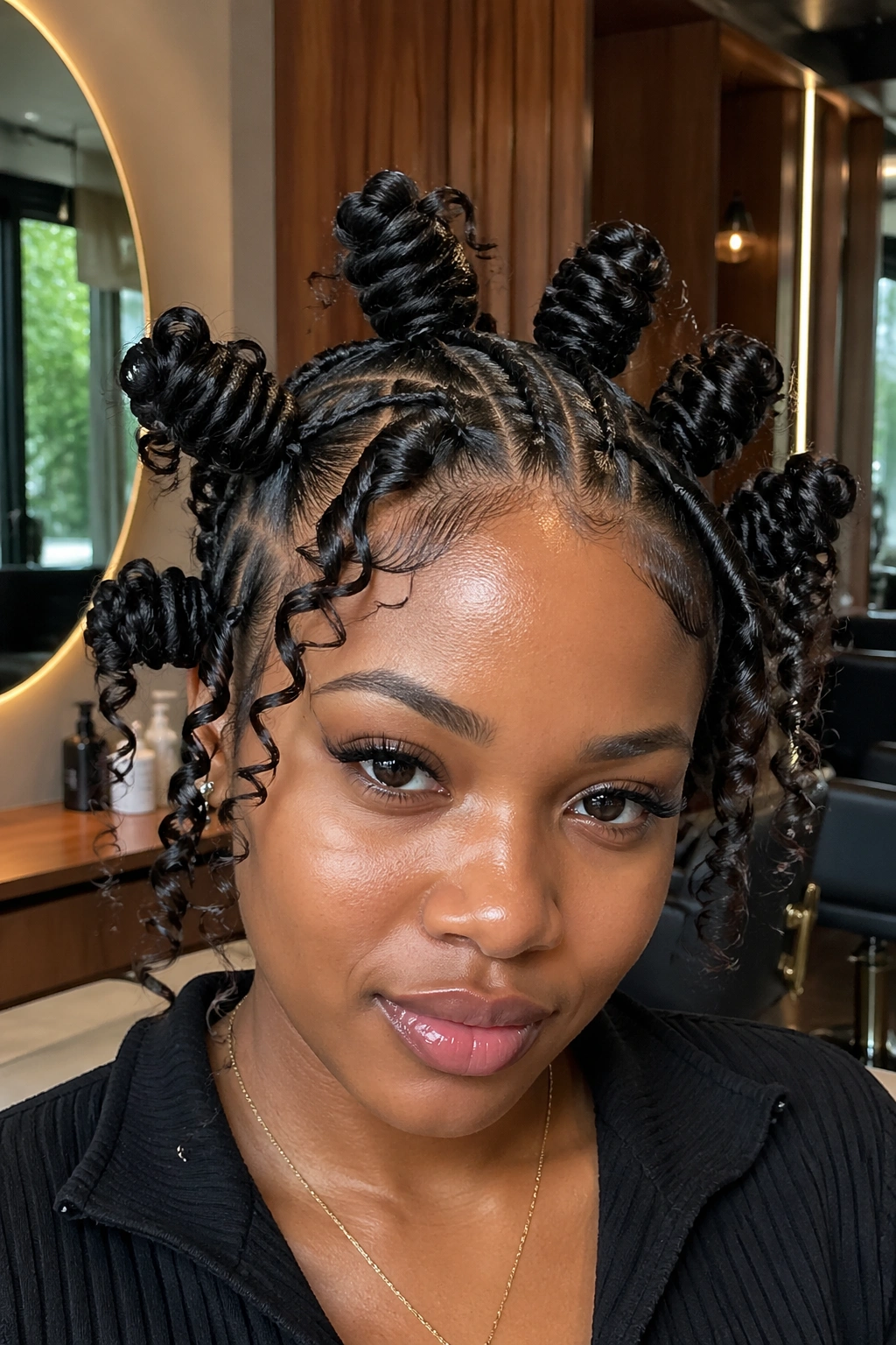 Close-up of a real person with Braided-Root Bantu Knots and curled tips