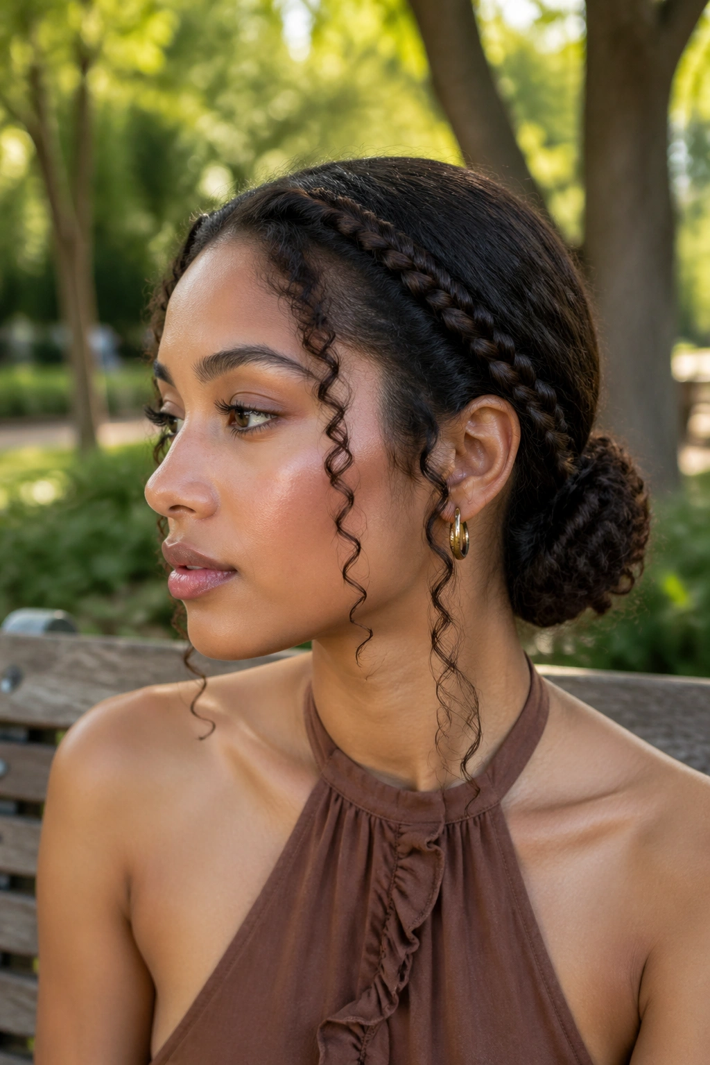 Close-up of real woman with braided sides low bun