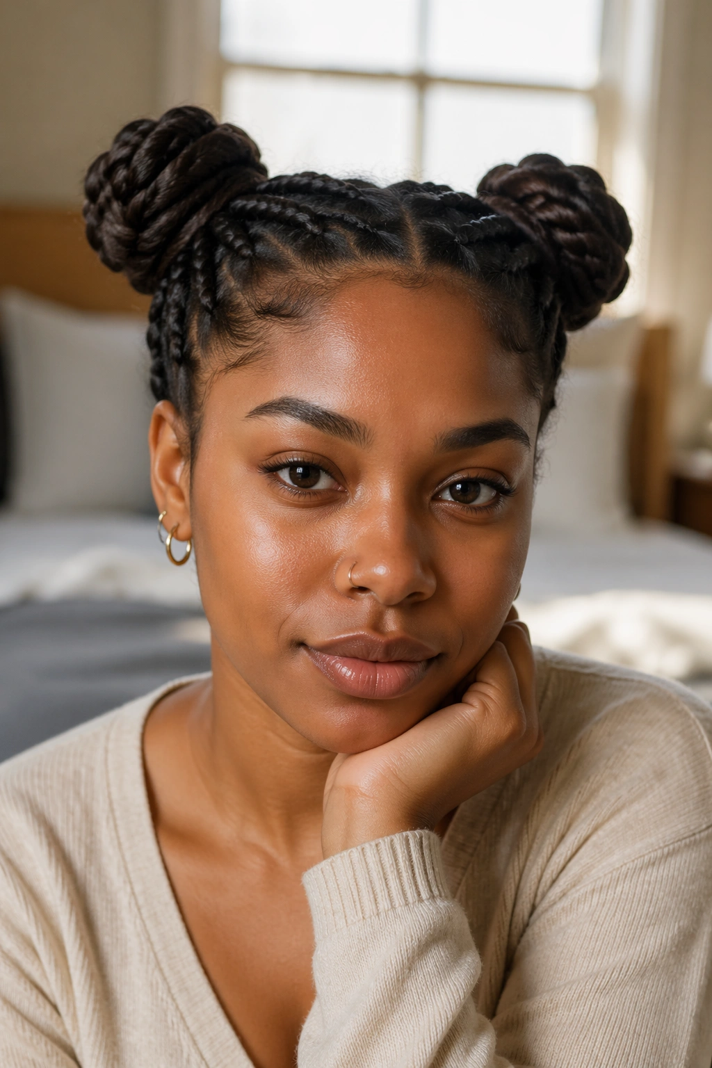 Close-up of a real woman with braided space buns in warm bedroom light