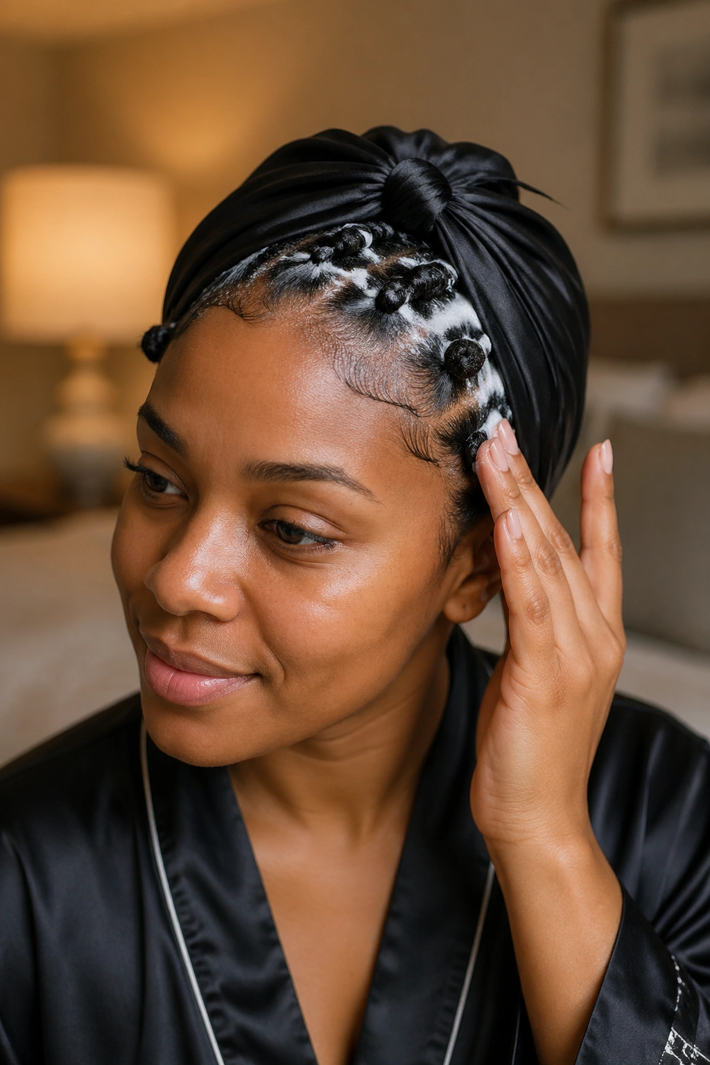 Portrait of a real person with stitch braids and Bantu knots, satin scarf on scalp and mousse on strands