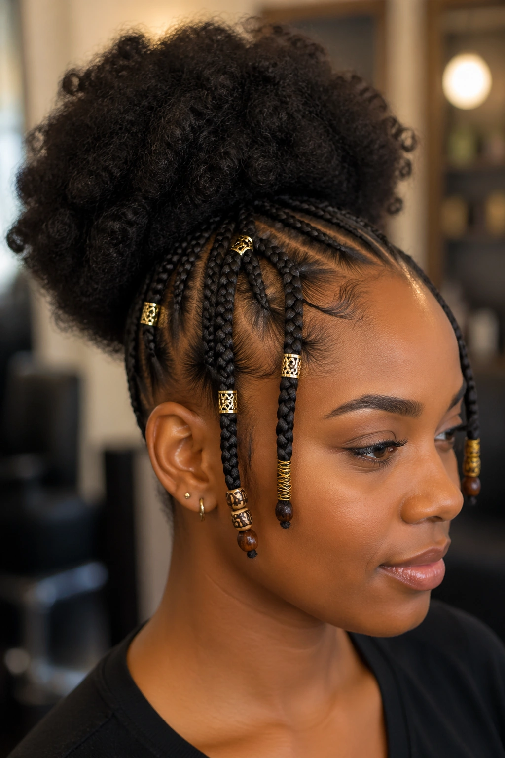 Close-up of a real person with braids featuring cuffs, beads, and thread wraps