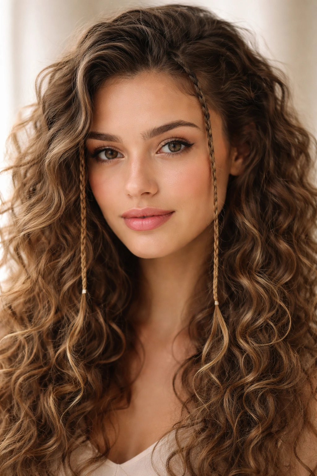 Close-up of thin braids at hairline on long curly hair with loose curls