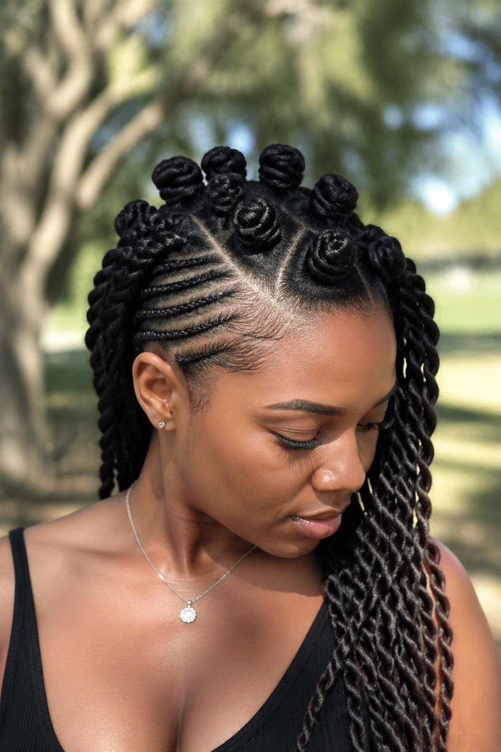 Close-up of Braids on One Side and Twists on the Other hairstyle on a real person