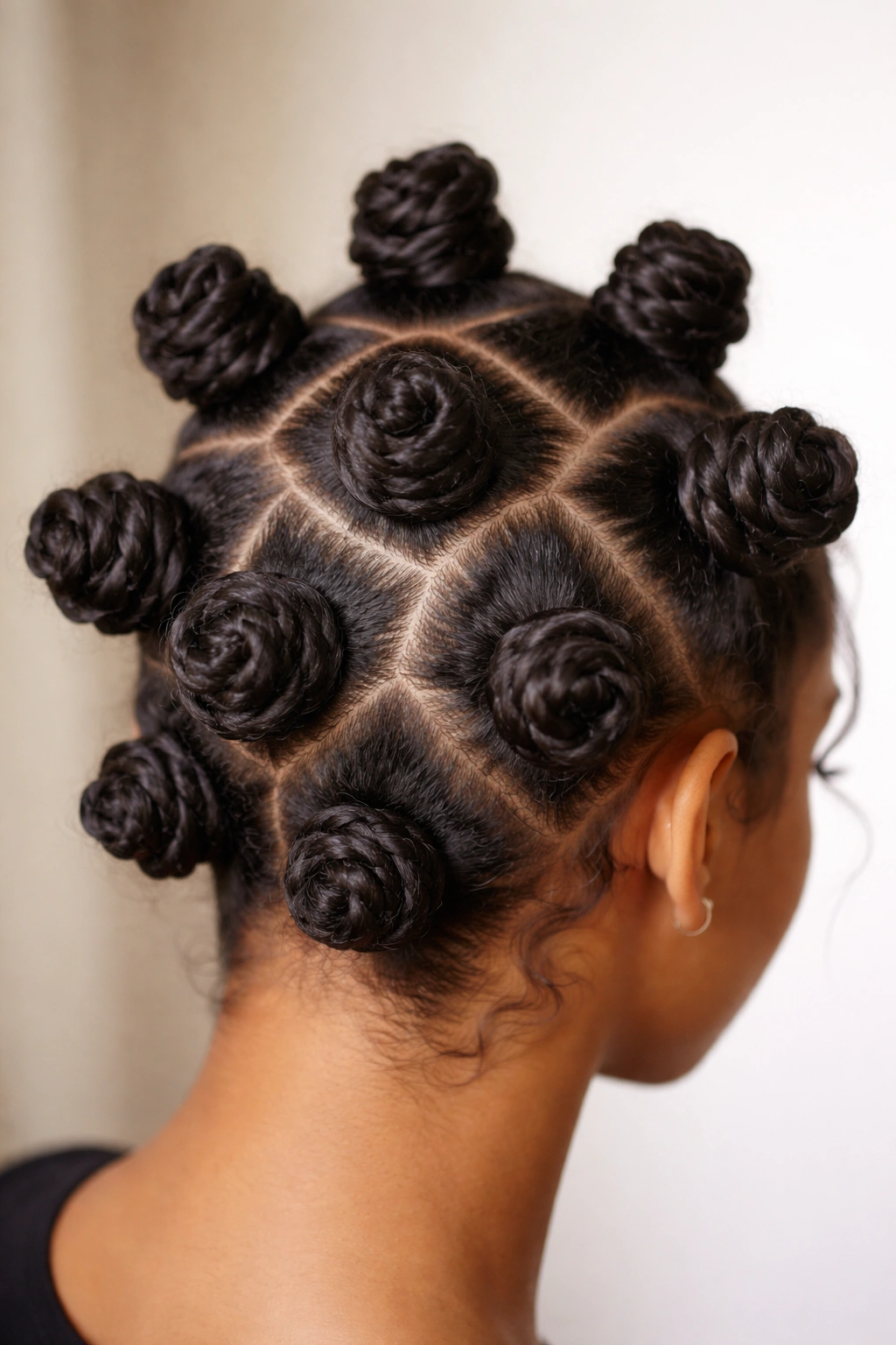Close-up of brick-pattern knots in offset rows along the scalp