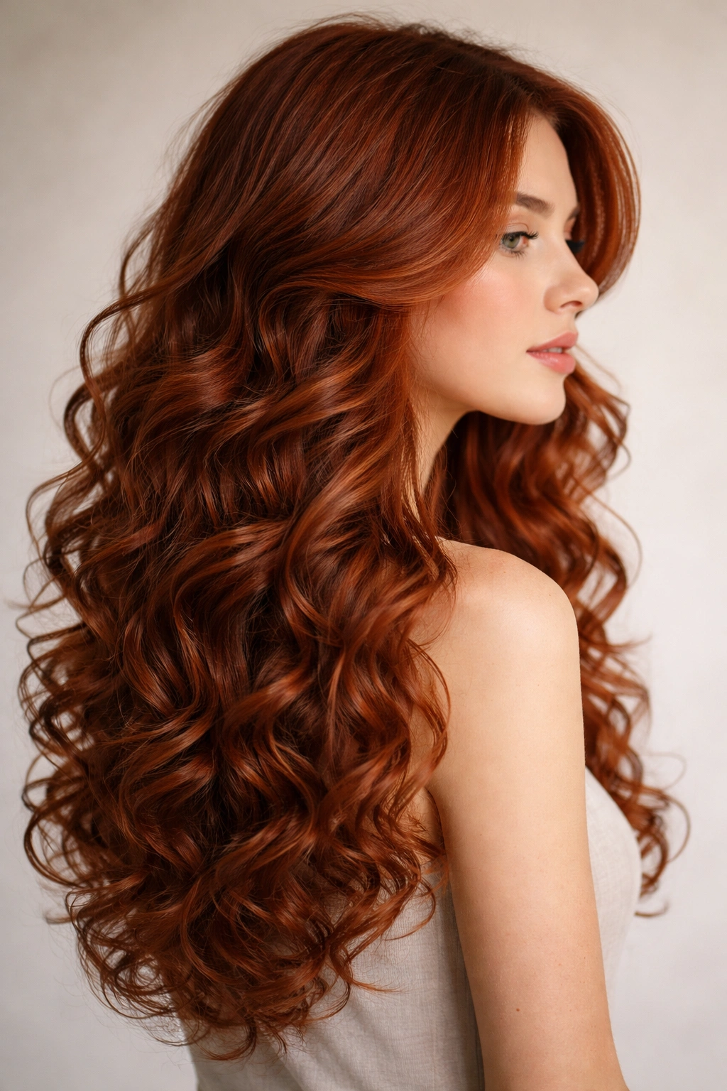 Side-profile of brick-red long layered curls emphasizing length and texture