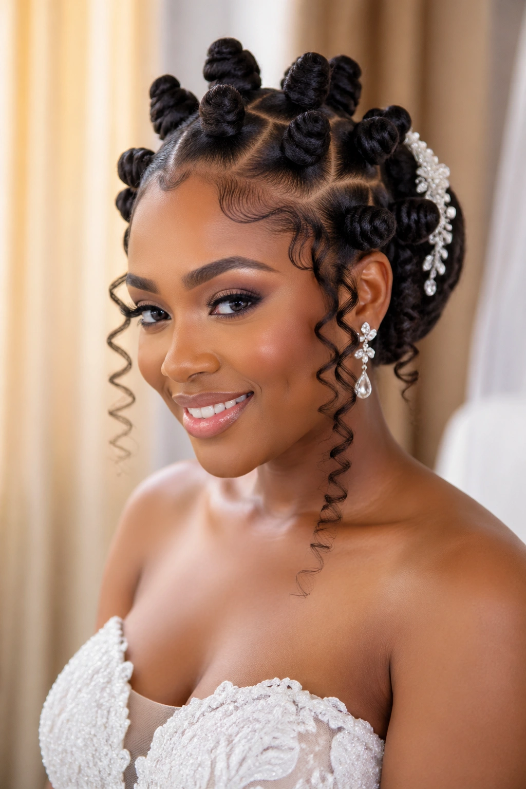 Close-up of a real bride with bridal Bantu knots and polished ringlets