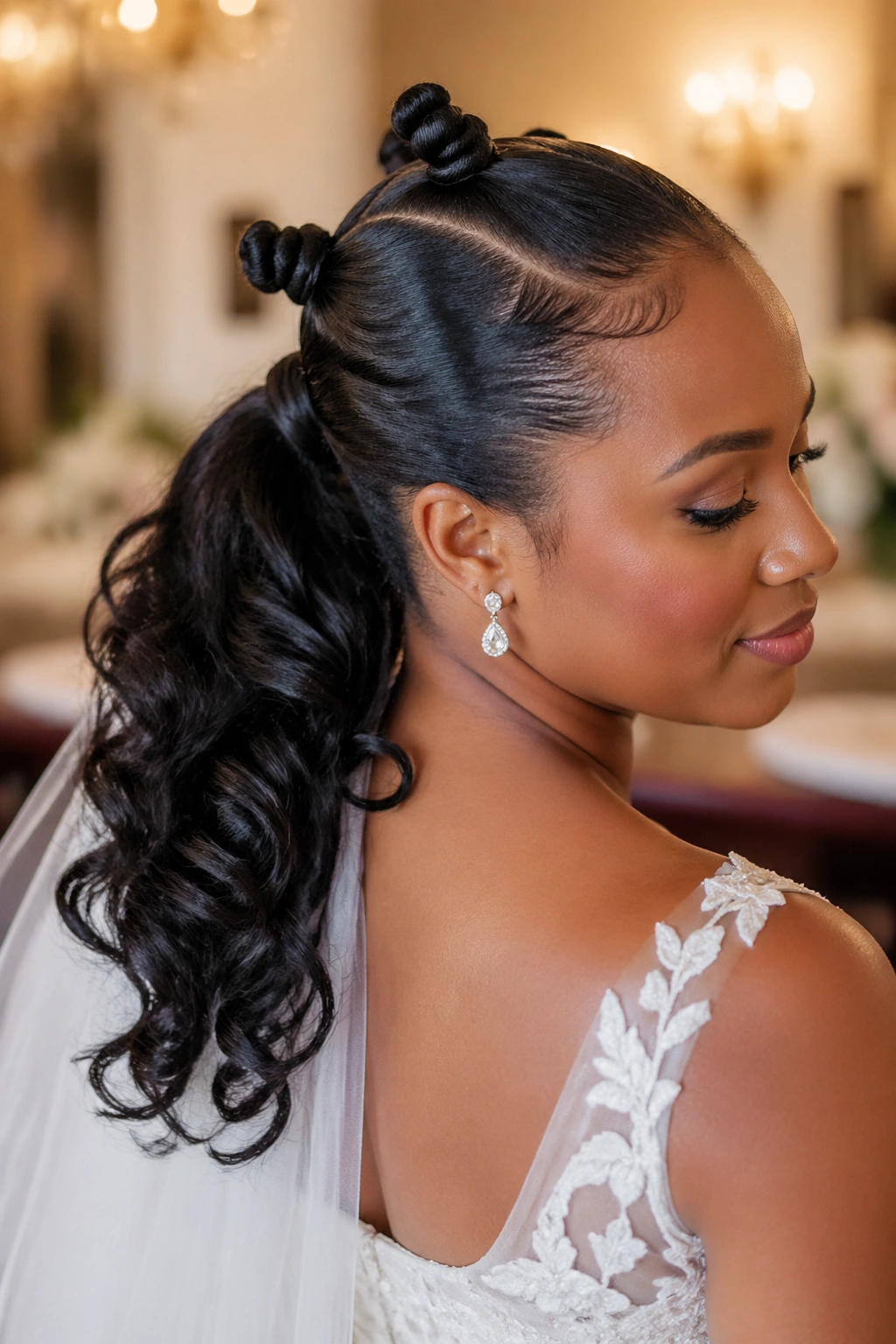 Bride-ready real person with Bantu knot ponytail and soft curls.