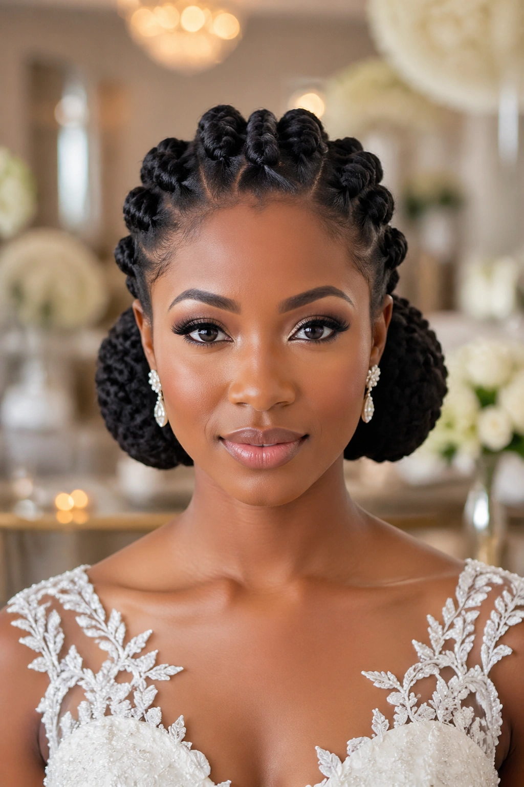 Close-up of real person wearing bridal sculpture knots in a refined floral pattern.