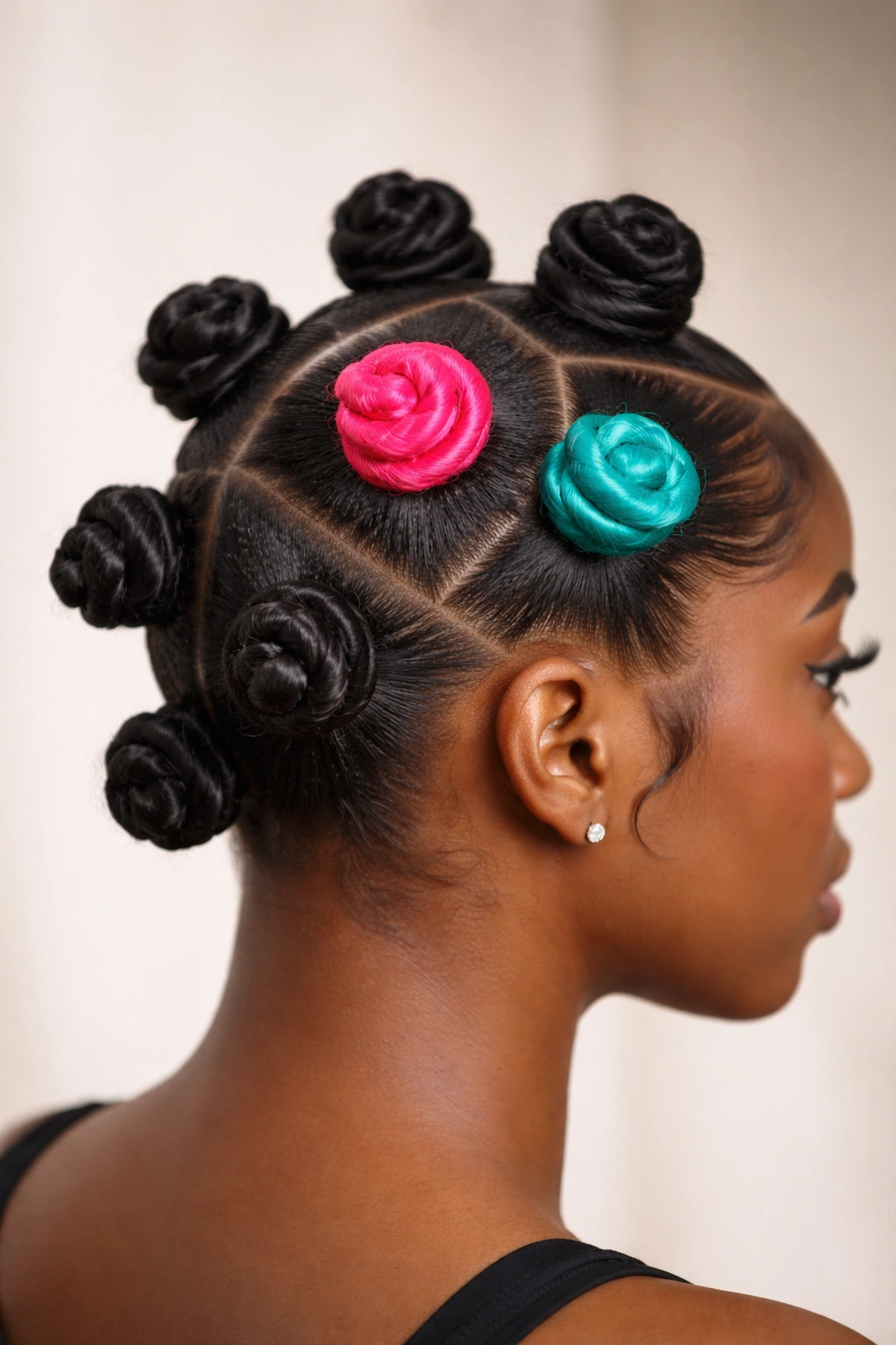 Close-up of bright colored Bantu knot accents among neutral knots