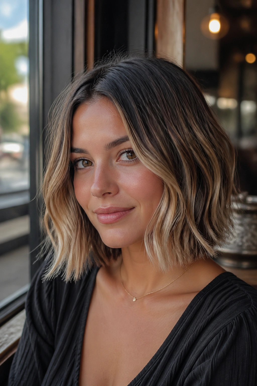Real woman with bronde balayage on a collarbone-length bob, soft waves near face.
