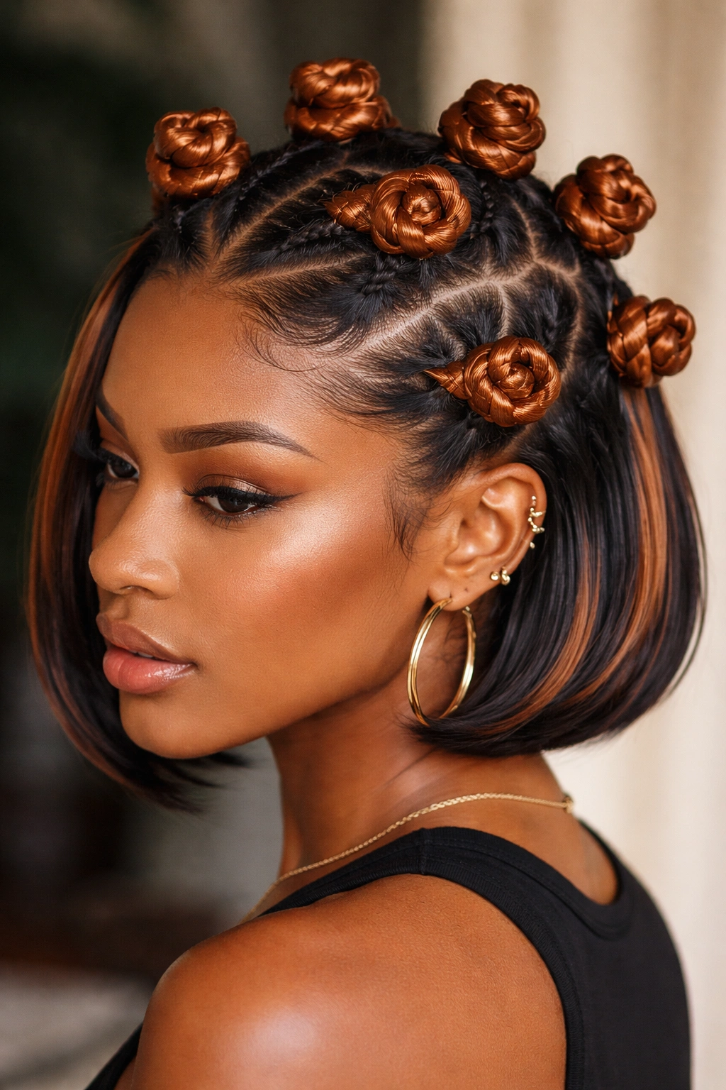 Bronze and black knots with zigzag partings on a bob
