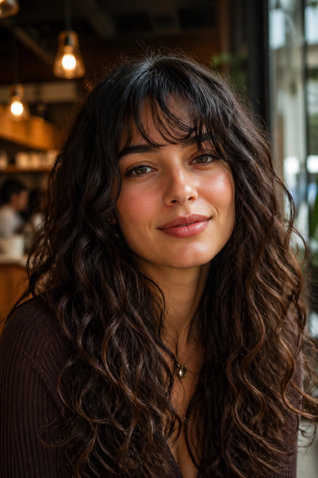Portrait of a woman with brow-grazing bangs and face-framing layers
