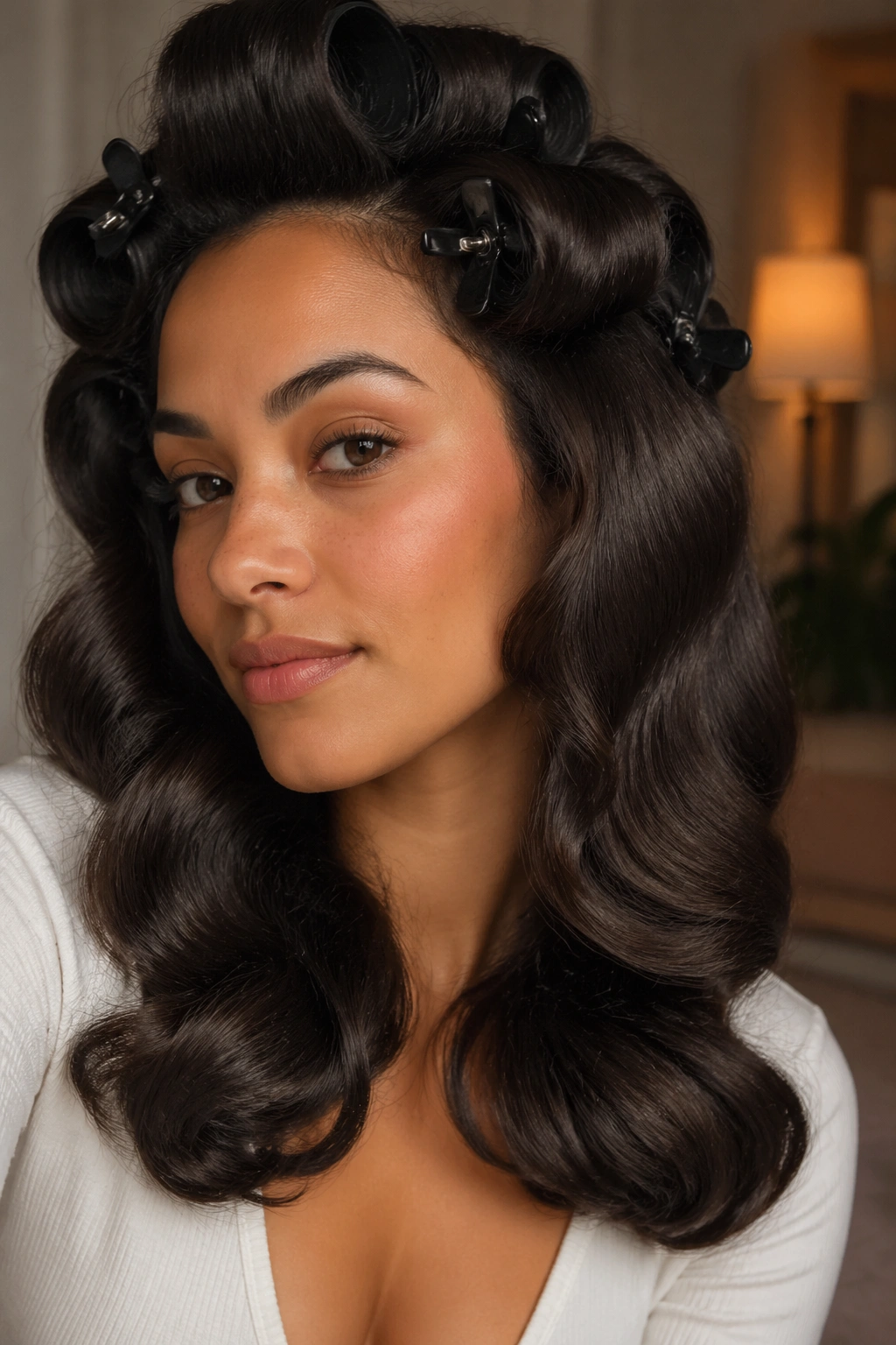Real woman with brushed-out glam curls and satin finish in warm indoor light