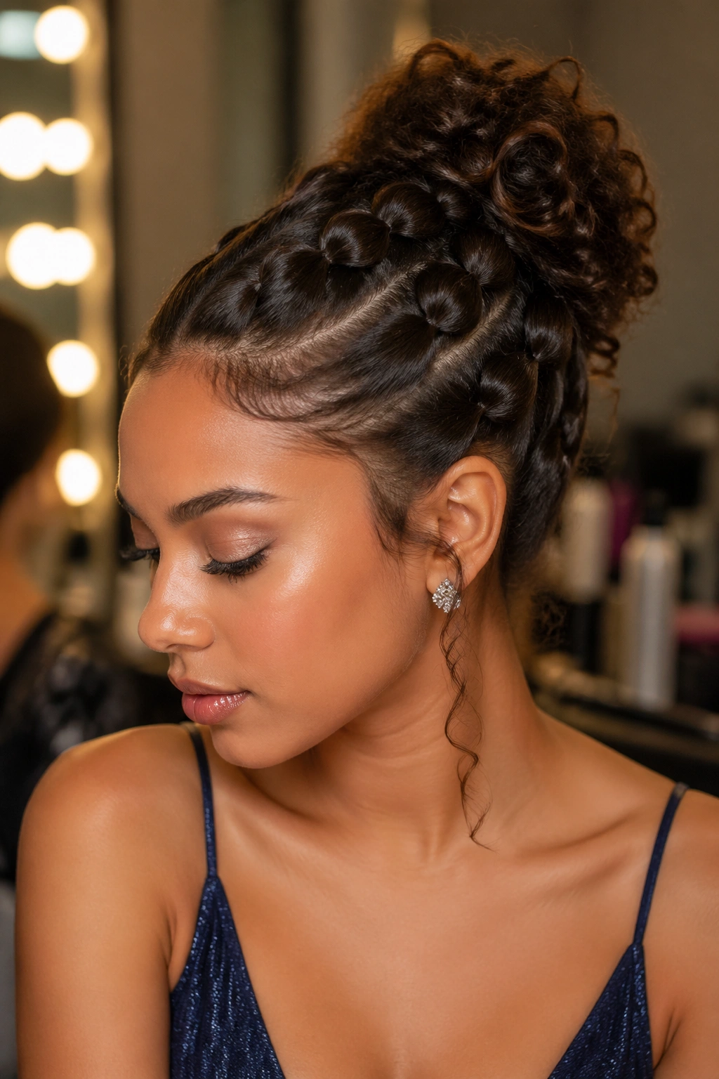 Close-up of a real woman with a curly bun and bubble-braid accent for prom