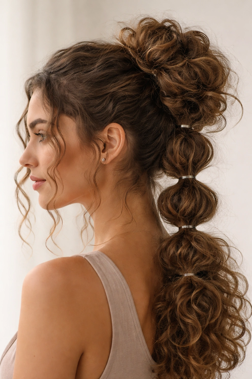 Long curly hair styled into a bubble-section messy bun with visible bubble segments