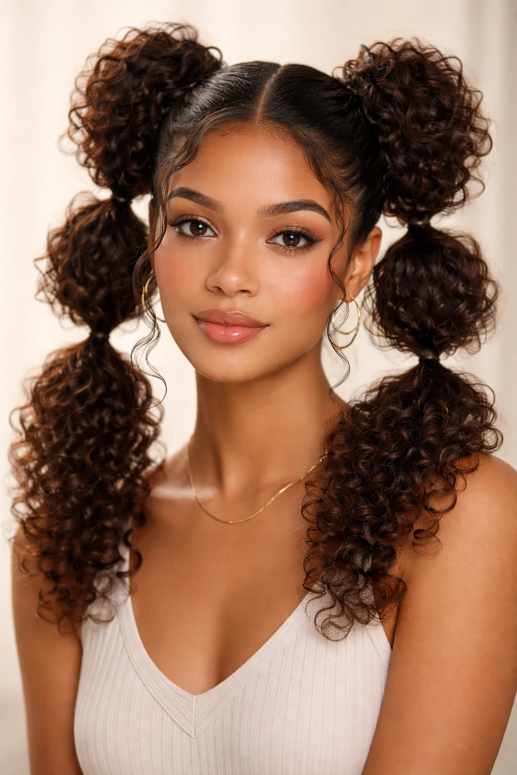 Close-up of bubble curly pigtails with rounded sections on both sides