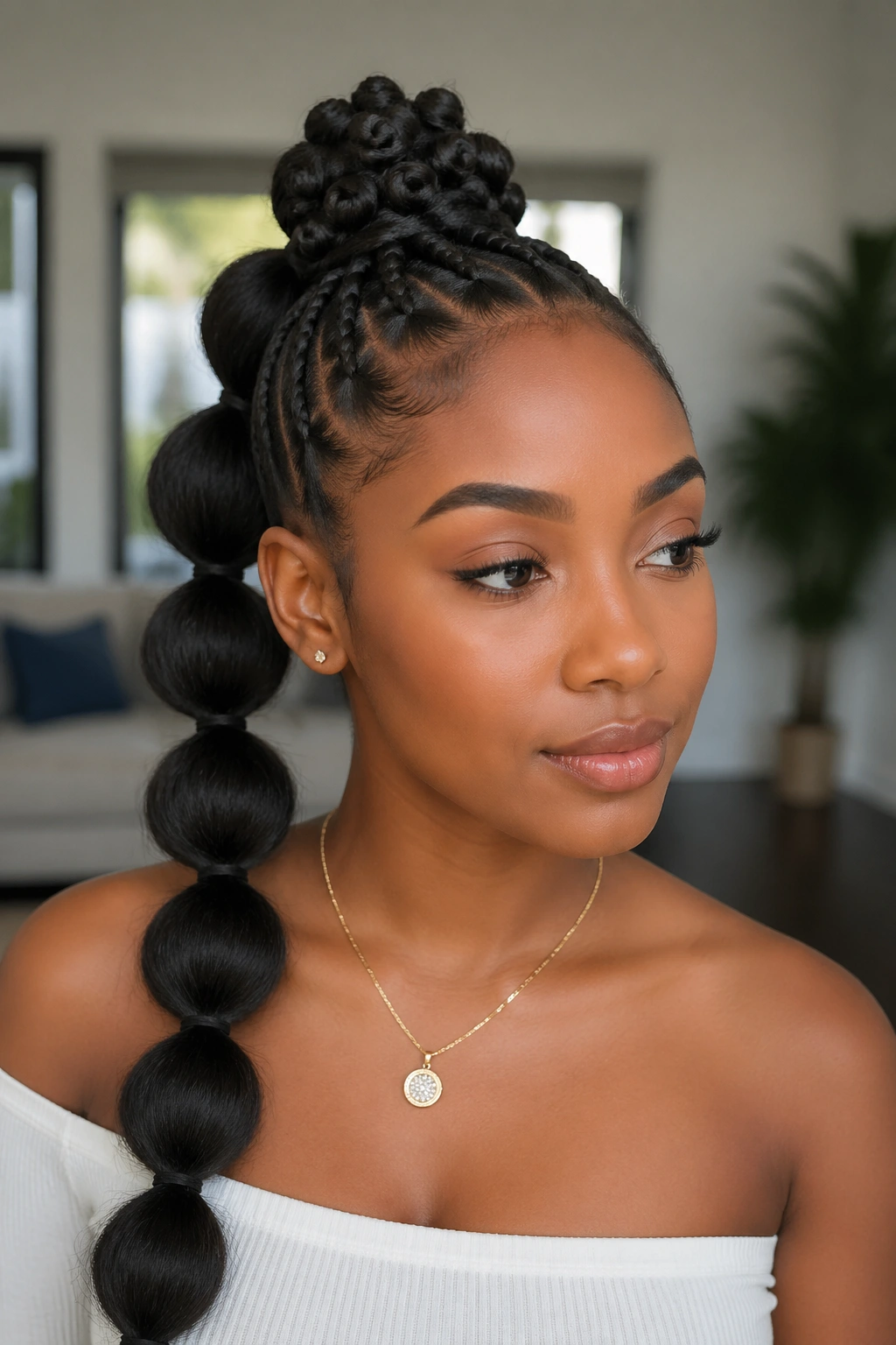 Close-up of a real person with a bubble ponytail and Bantu knot base