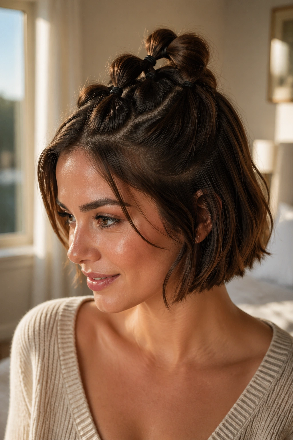 Close-up of a real woman with a short bob and a bubble ponytail at the crown