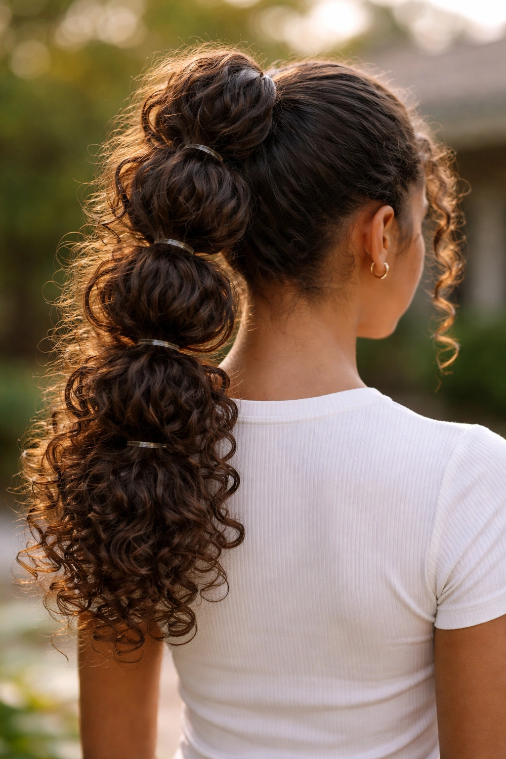 High bubble ponytail with evenly spaced elastics and curly texture