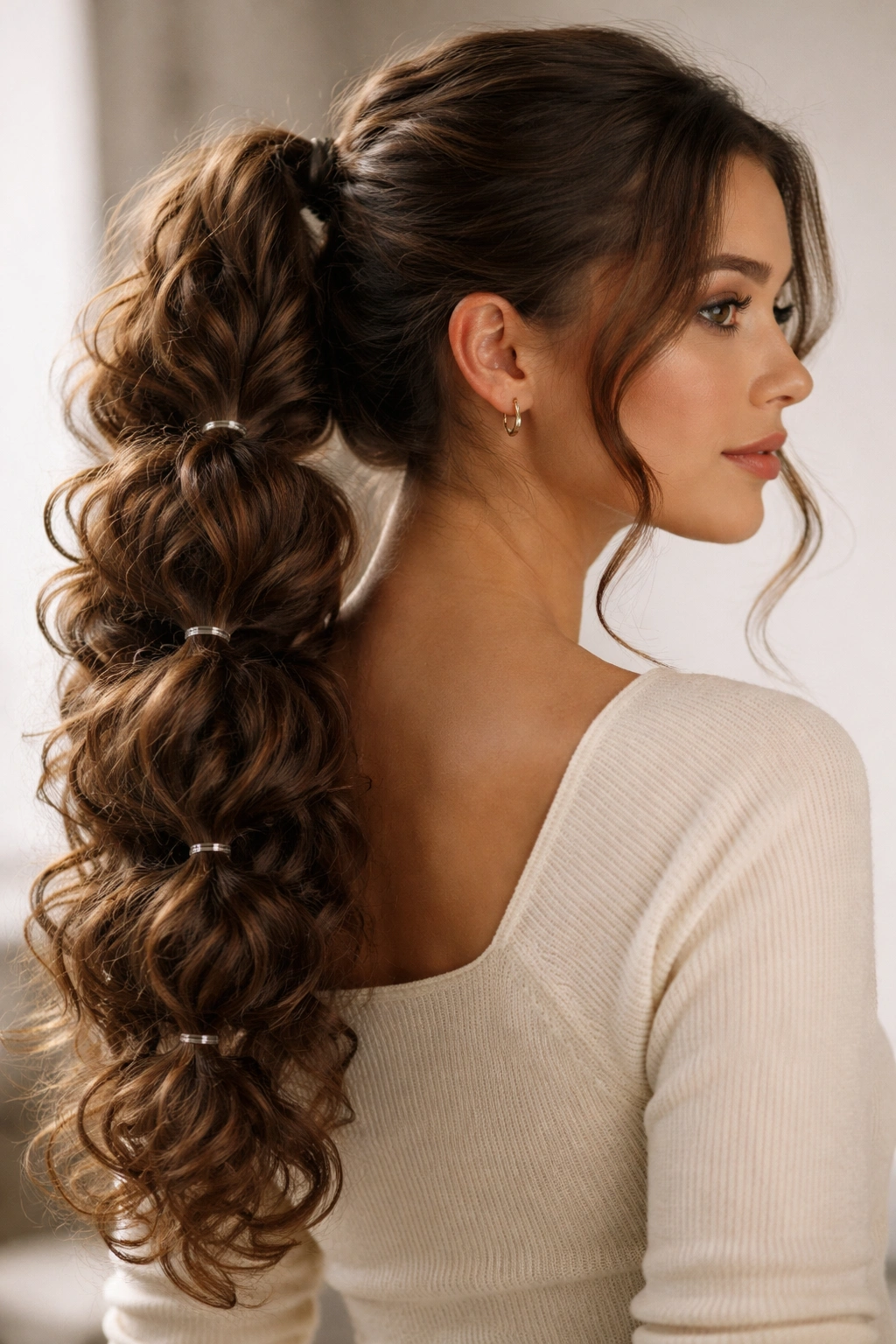 Close-up of Bubble Ponytail with evenly spaced elastics and curled texture