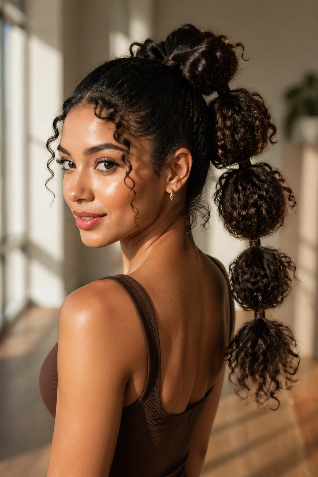 Portrait of a real woman with a bubble ponytail in curly hair