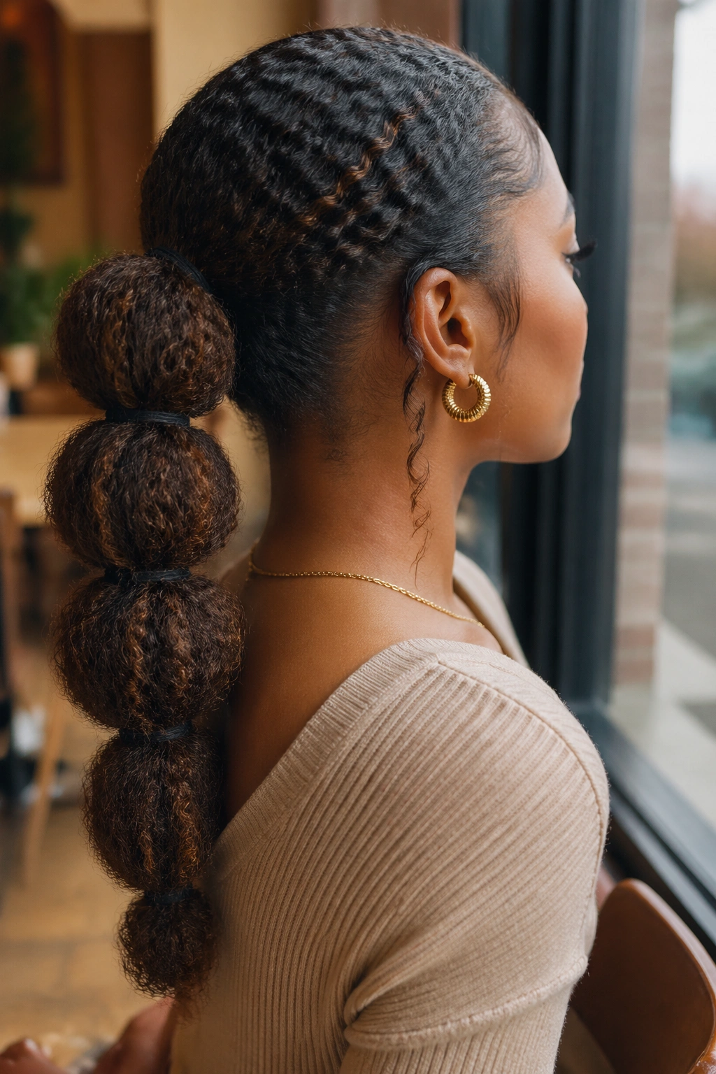 Close-up of a real woman showing a bubble ponytail with segmented loops.