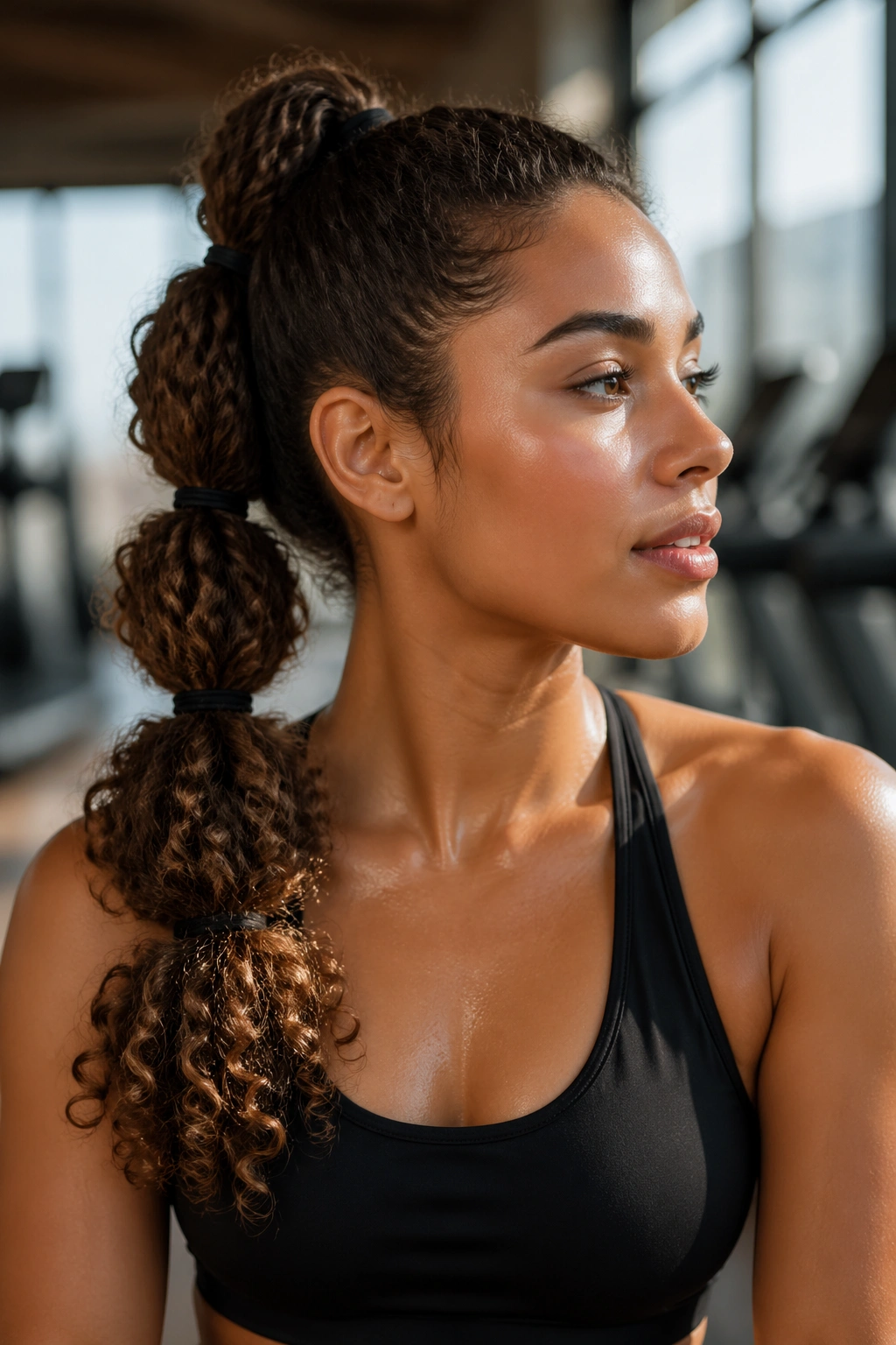 Portrait of a real woman with a bubble ponytail in a gym setting.