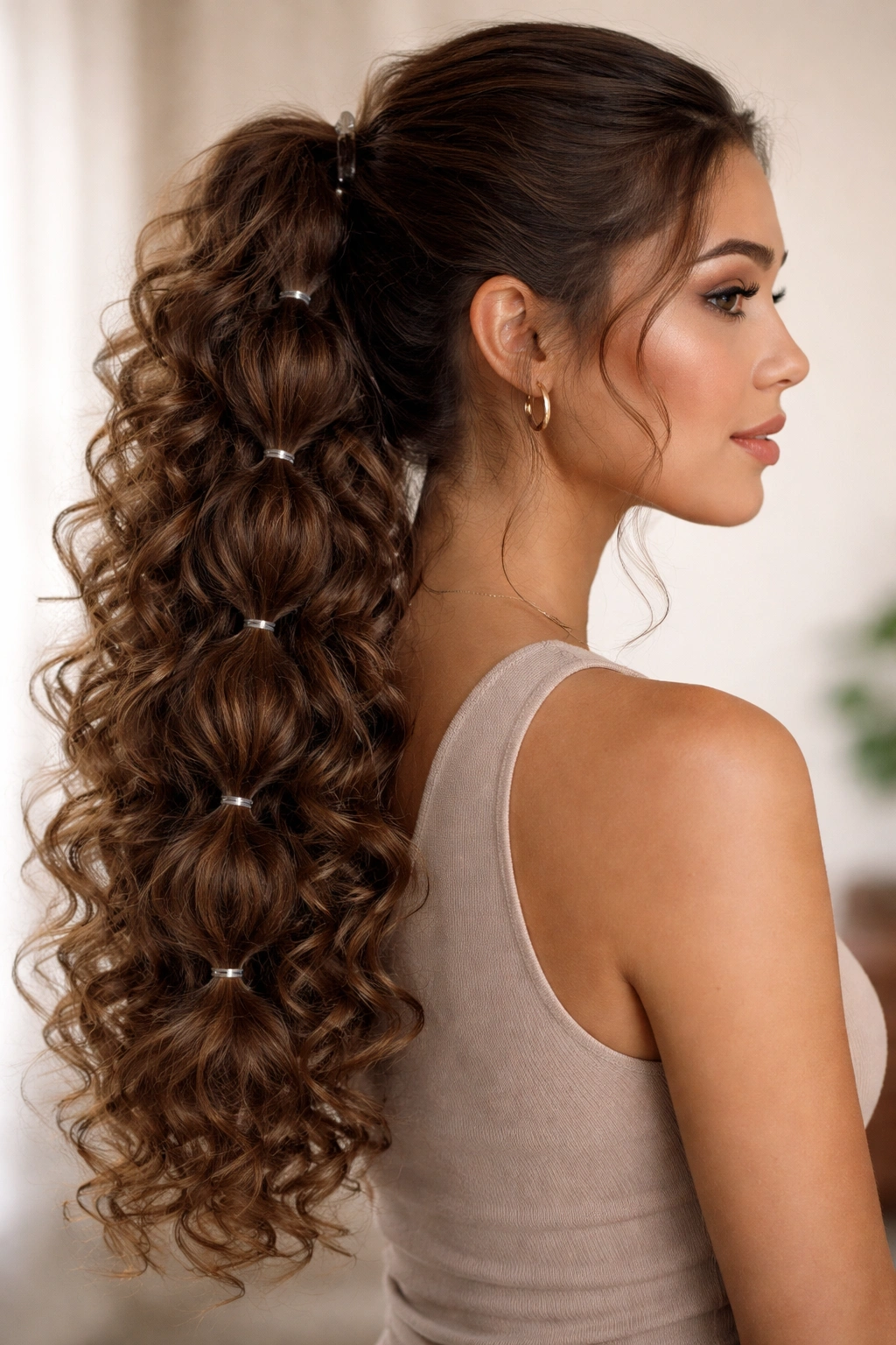 Long curly ponytail with bubble sections formed by small elastics