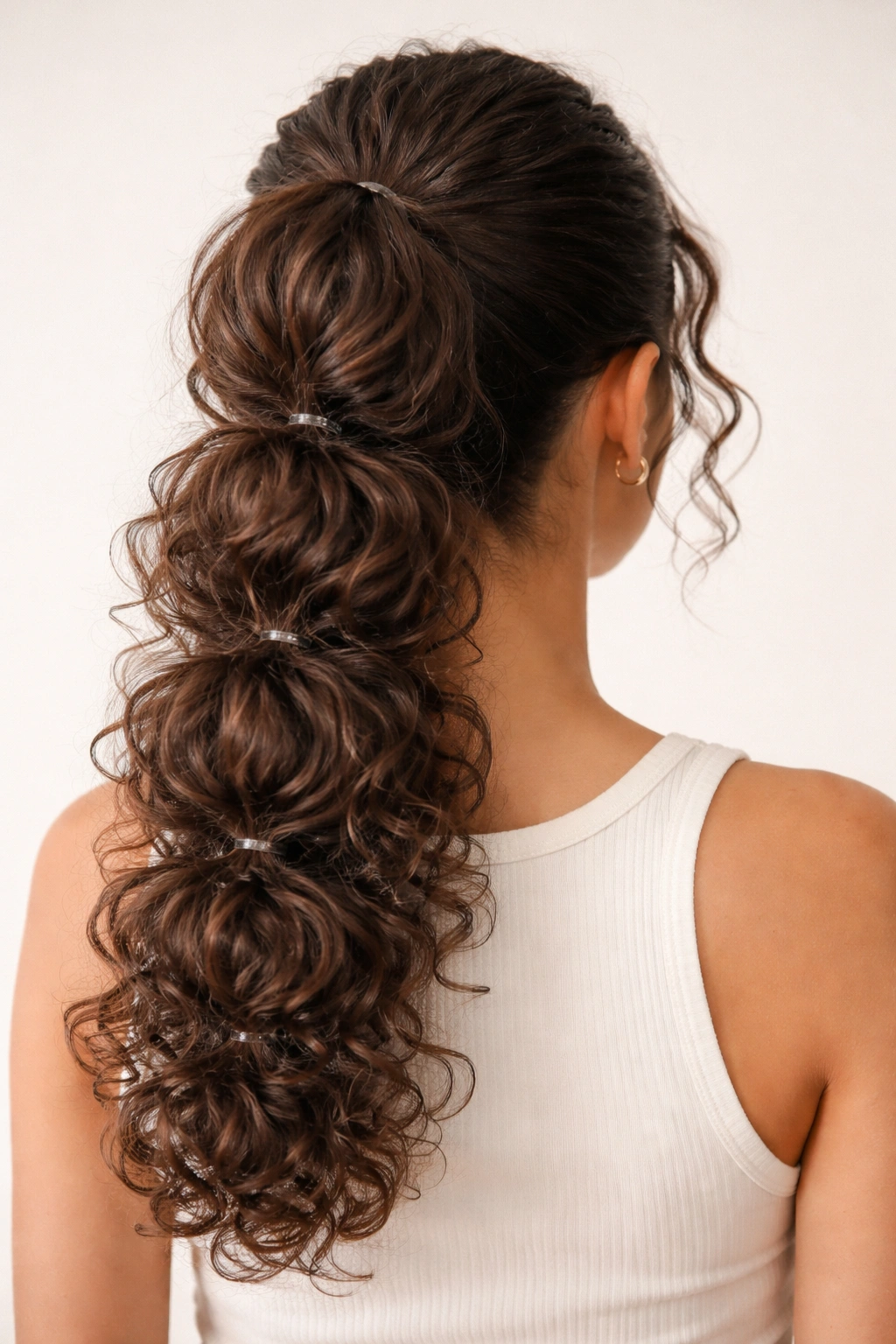 Bubble curly ponytail with multiple elastics creating rounded segments along the length