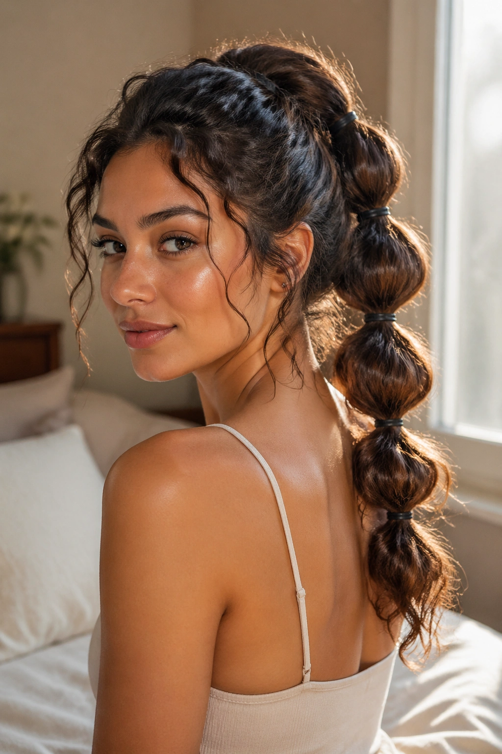 Close-up of a real woman with a bubble ponytail in curly hair showing evenly spaced elastics forming bubbles
