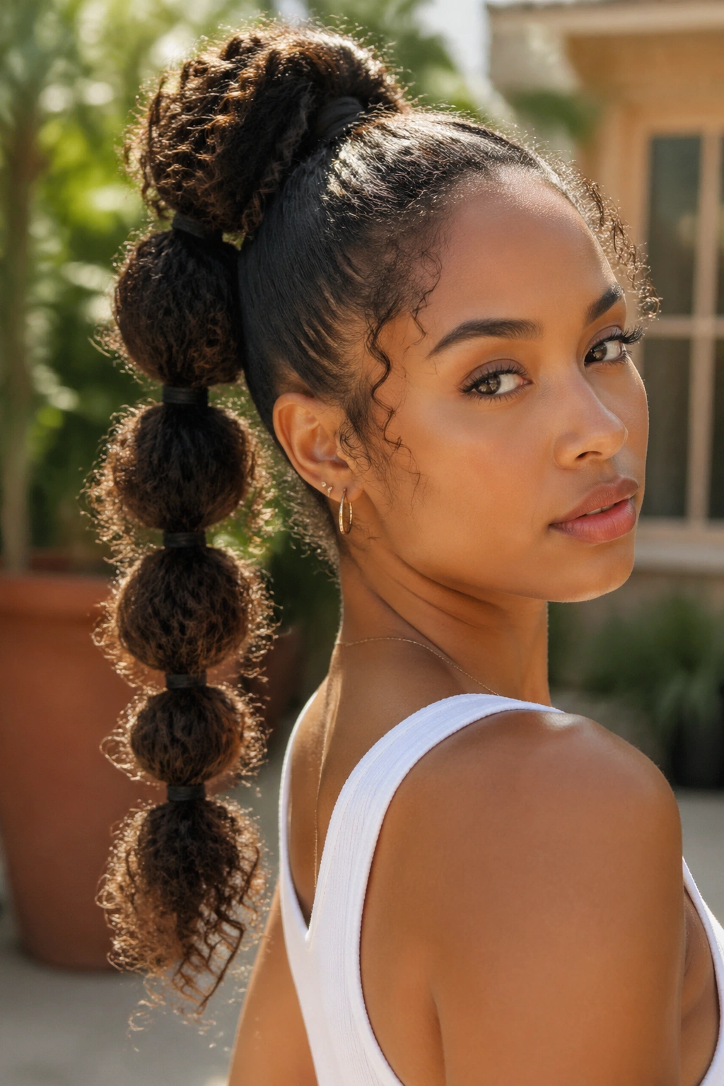 Close-up of a real woman with a bubble ponytail and curly sections