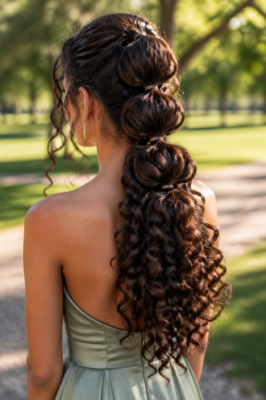 Back view of a real woman with a bubble half-up ponytail and curly volume outdoors