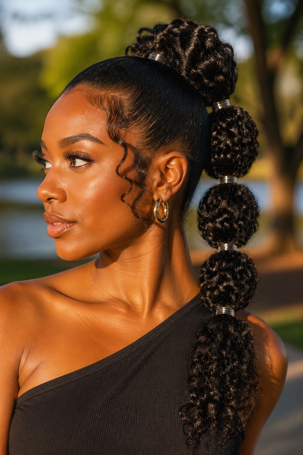 Close-up of a Black woman with a bubble curly ponytail showing sectioned curls