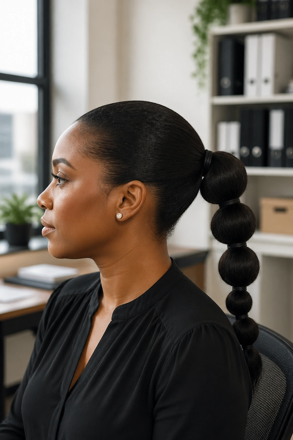 Close-up of a real person with a bubble ponytail on stretched hair in an office