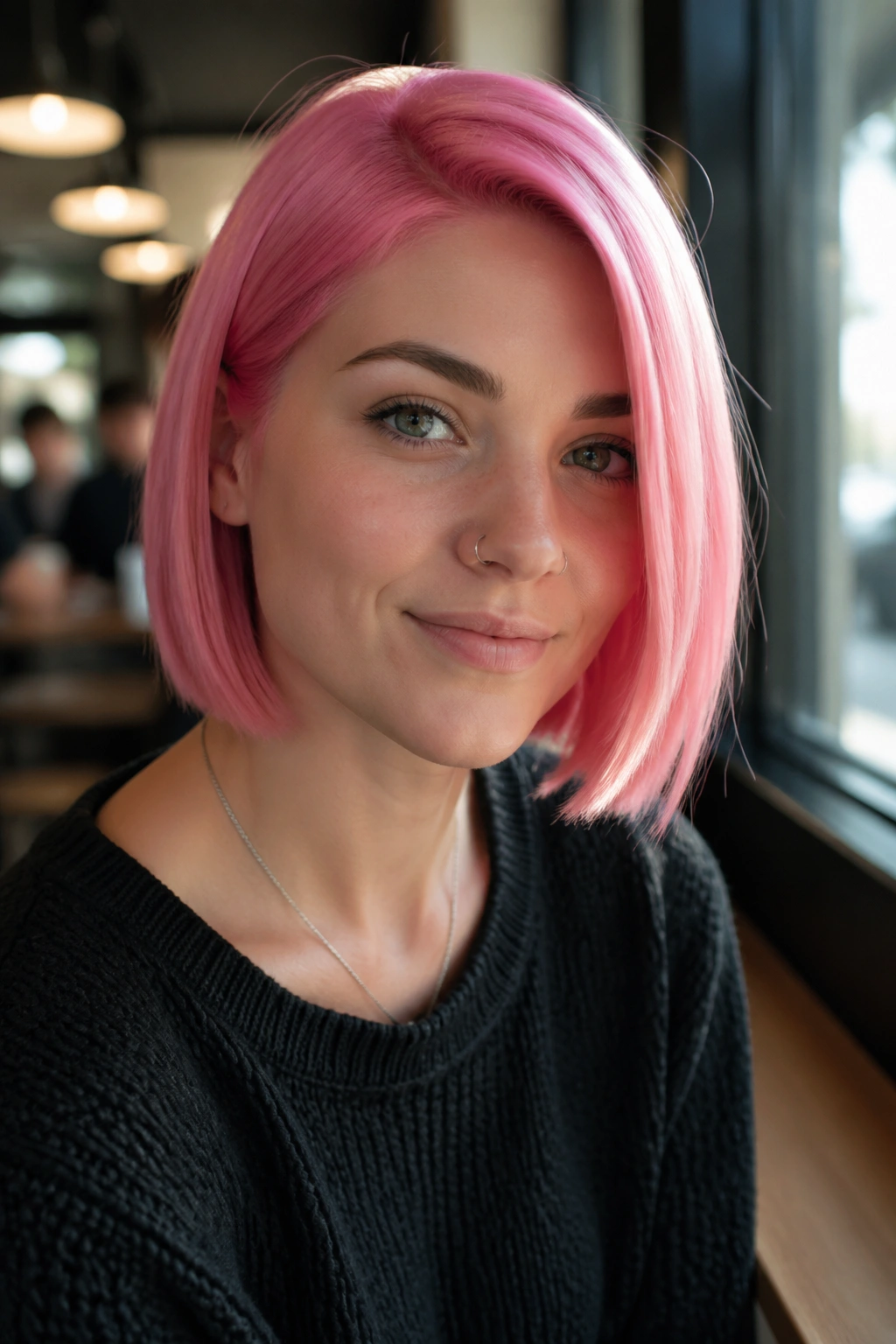 Close-up of a real person with a bubblegum pink bob in a sunlit cafe