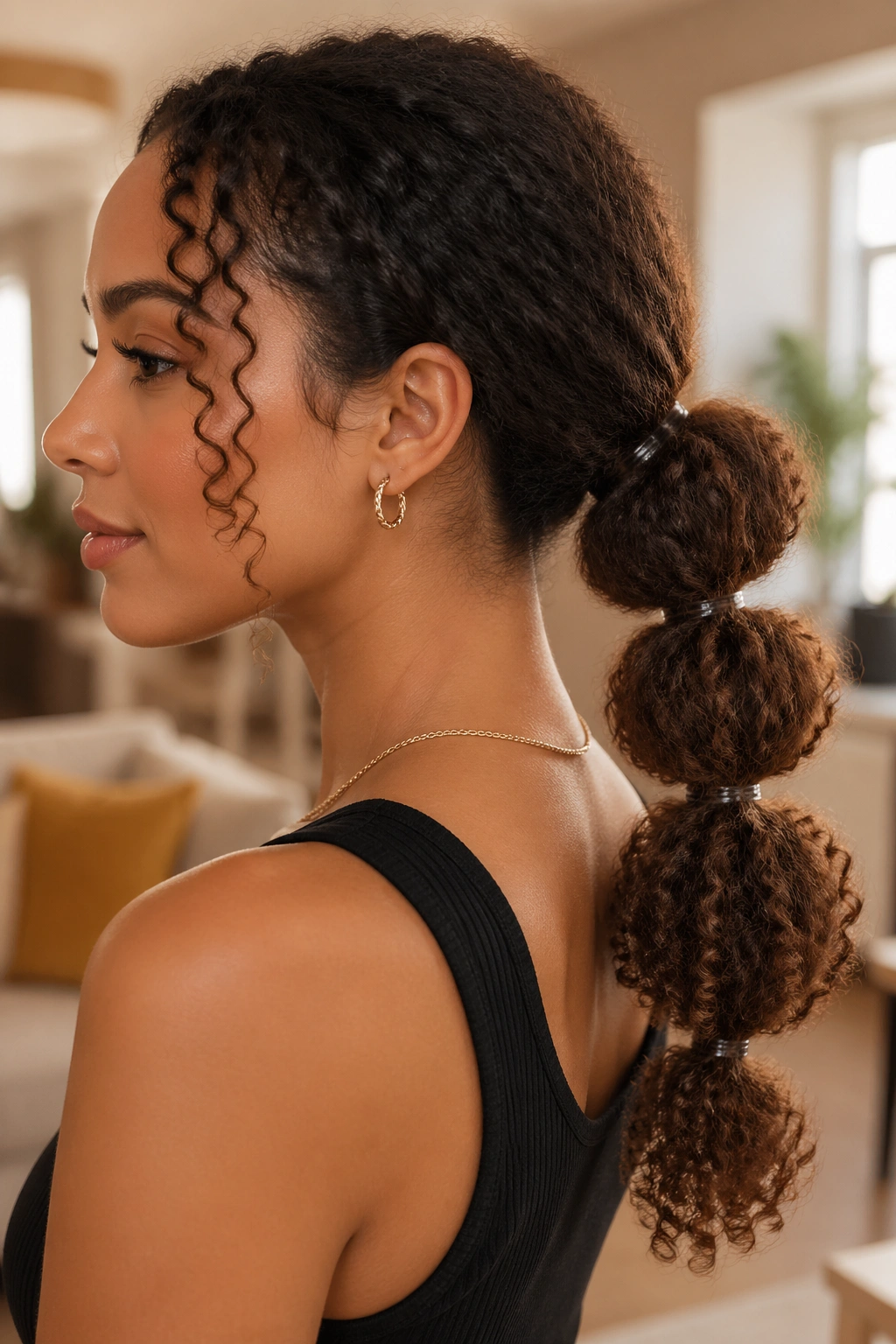 Bubble ponytail on curly hair on a real woman in a sunlit room