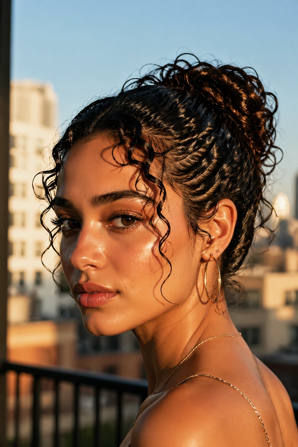 Close-up of a real person with a glossy bun and face-framing curls.