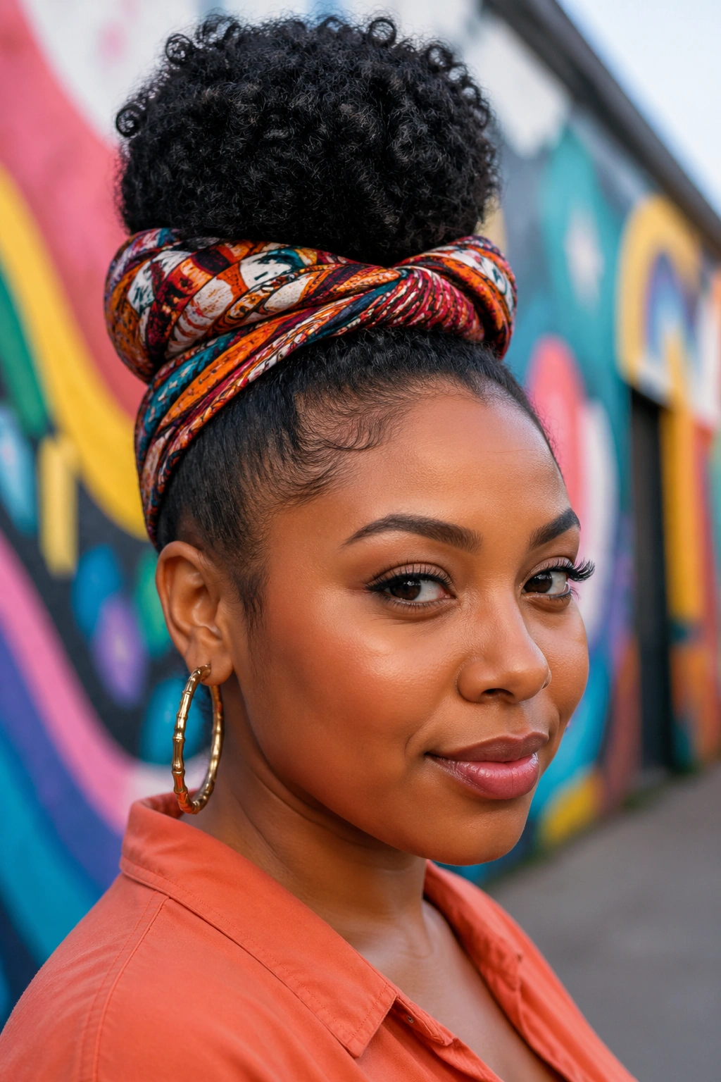 Real person wearing a bun wrapped with a scarf on a vibrant street