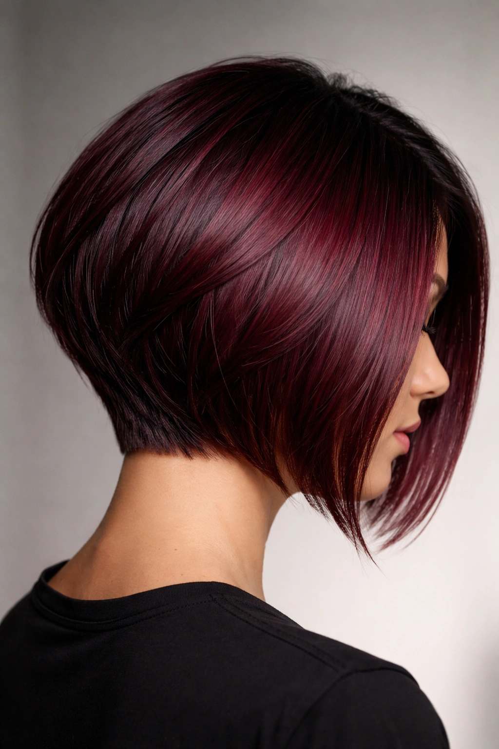 Angled burgundy bob with stacked back and front length toward the jaw