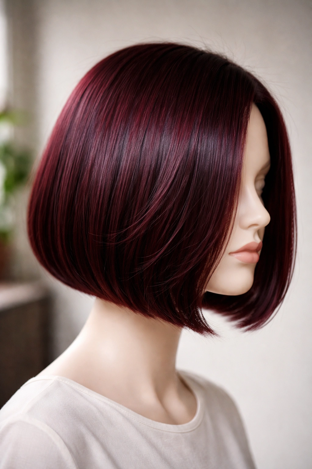 Close-up of a glassy burgundy chin-length bob with blunt cut on mannequin