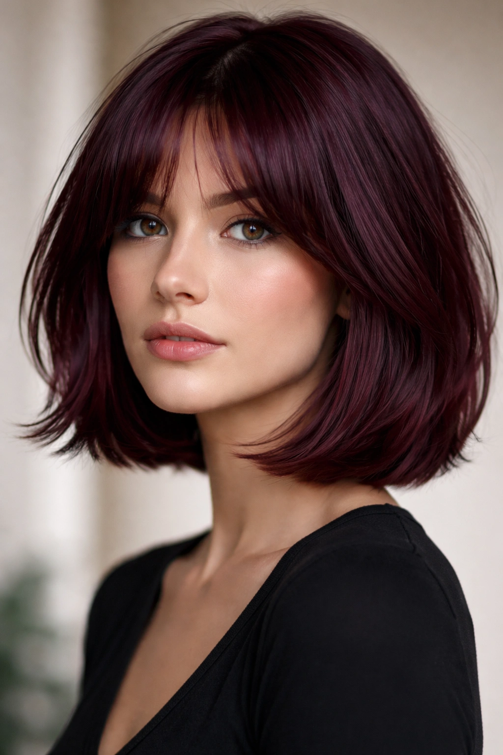 Burgundy bob with curtain bangs framing cheeks, wearable bold color