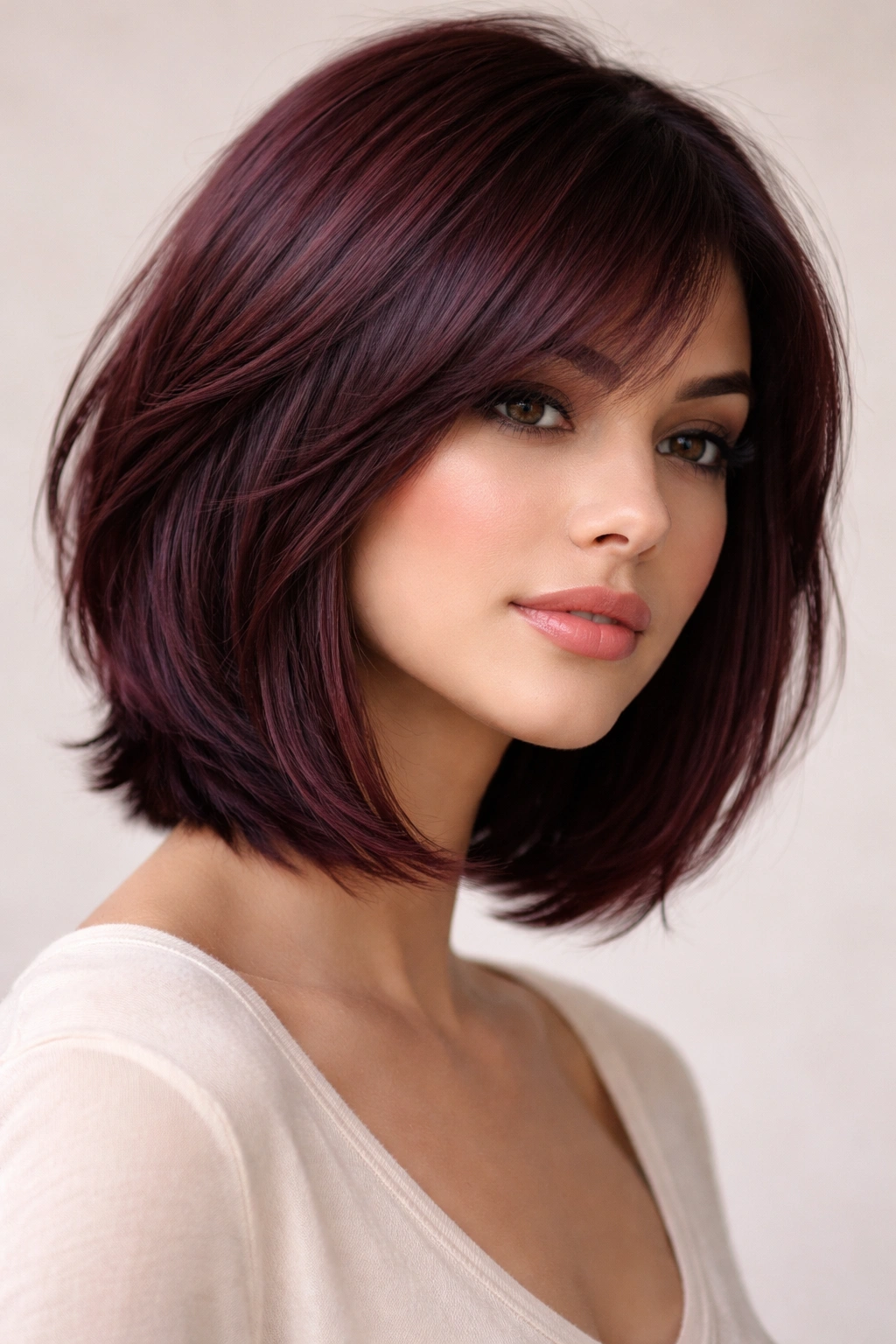 Soft layered burgundy bob with face-framing layers and movement