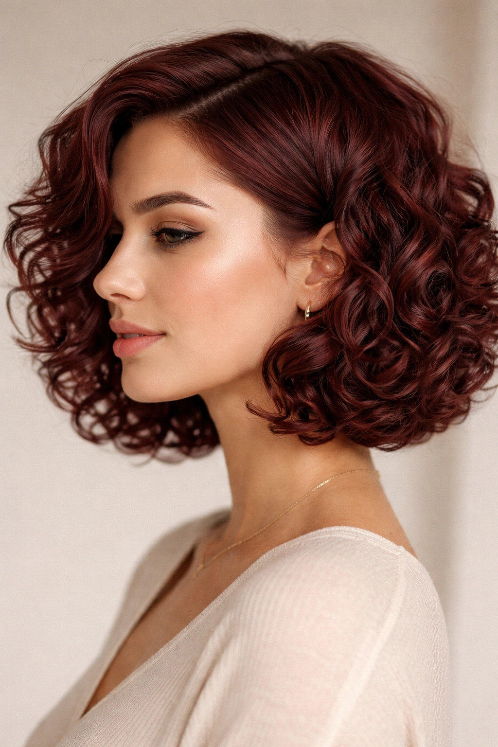 Burgundy curly bob with soft curls and defined perimeter
