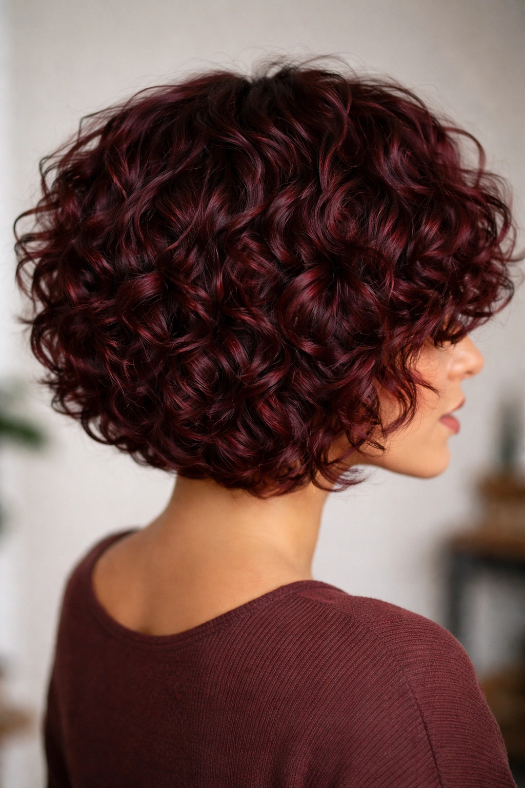 Curly burgundy bob with rounded shape and defined curls