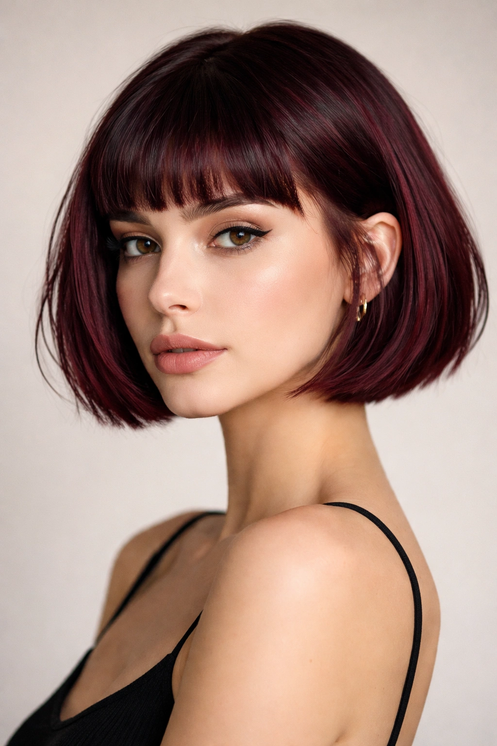 Burgundy French bob with micro bangs, bold fringe