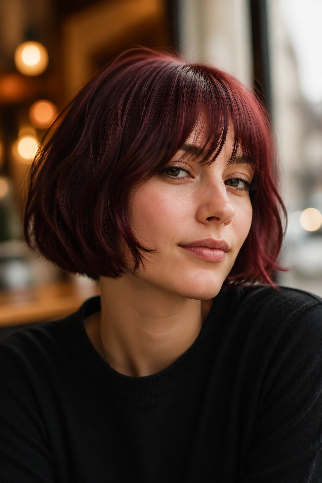 Close-up portrait of a real woman with a burgundy French bob and soft fringe