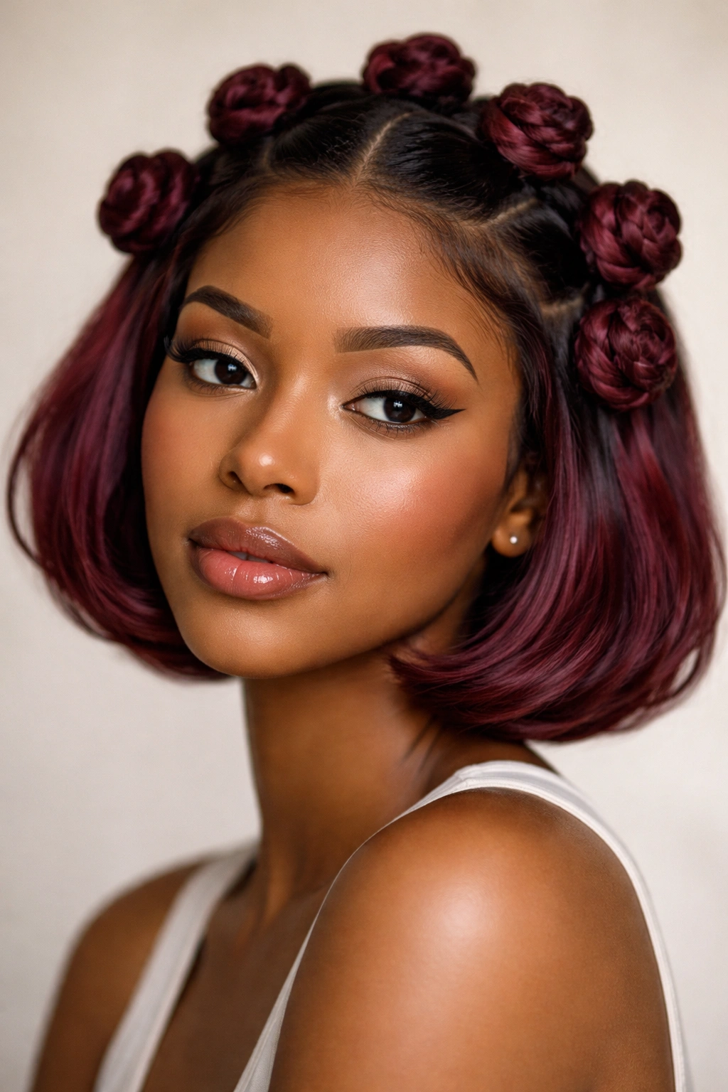 Burgundy halo knots around a bob